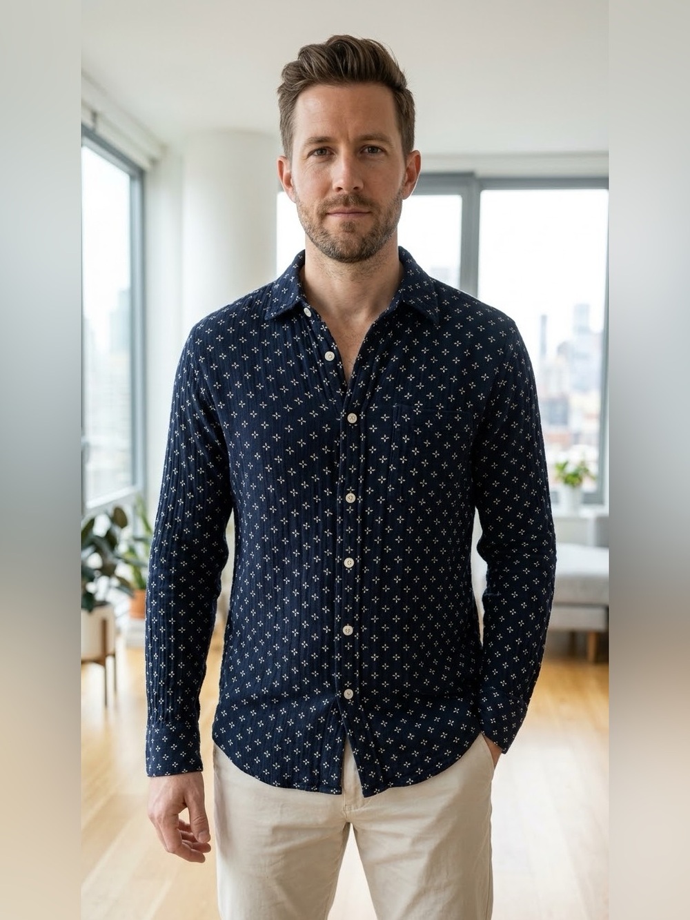 New! Banana Republic mens navy button down shirt geometric pattern cotton medium